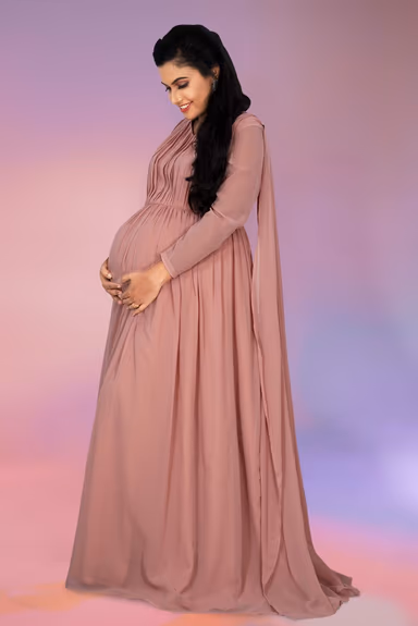 Mauve pink gathered trail gown — view 5 of 6