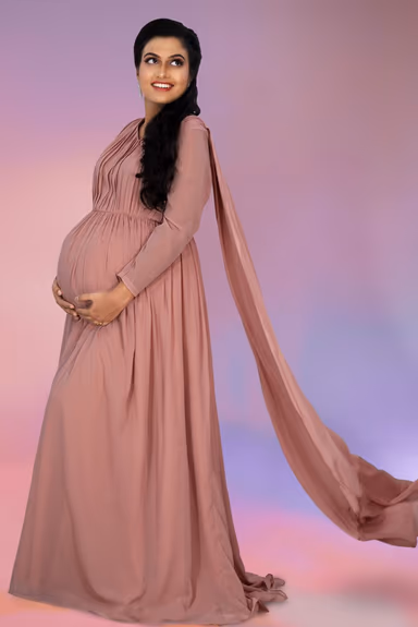 Mauve pink gathered trail gown — view 2 of 6