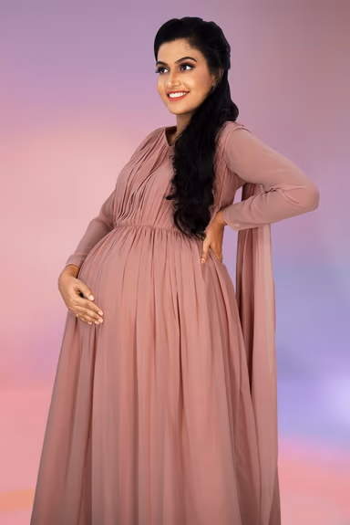 Mauve pink gathered trail gown — view 3 of 6