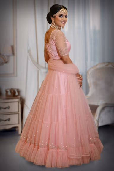 Baby Pink Layered Net Lehenga with Pearl and Sequins Embellishments — view 3 of 3