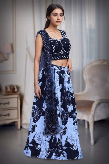 Black Elegant Crop Top Lehenga With Floral Skirt, Heavy Detailed Blouse And Same Color Dupatta — view 3 of 4