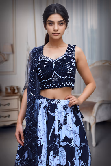 Black Elegant Crop Top Lehenga With Floral Skirt, Heavy Detailed Blouse And Same Color Dupatta — view 1 of 4