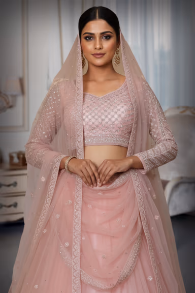 Blush Pink Net Lehenga with Zari and Crystal Embellishment — view 1 of 3