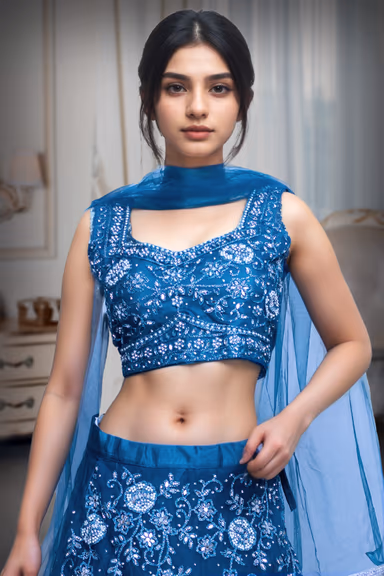 Cobalt Blue Pre Wedding Lehenga With Rich Embroidery Details In Crop Top And Skirt Along With A Simple Dupatta — view 1 of 3