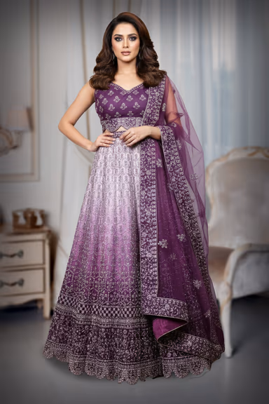 Dual-Tone Plum and Lavender Silk Lehenga Choli with Scalloped Borders. — view 2 of 2