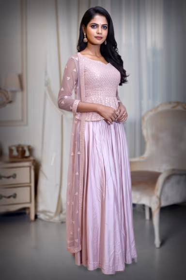 Dusty Pink Lehenga Set with Gold Sequin Work and Ruffled Blouse — view 2 of 2