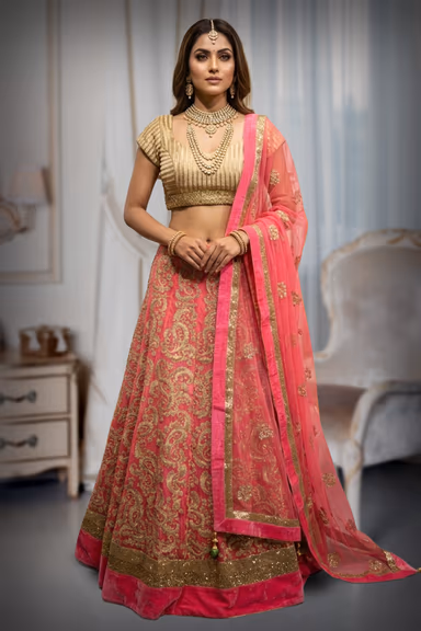 Fuschia Pink Lehenga with Golden Jaquard top and netted Dhupatta — view 2 of 2