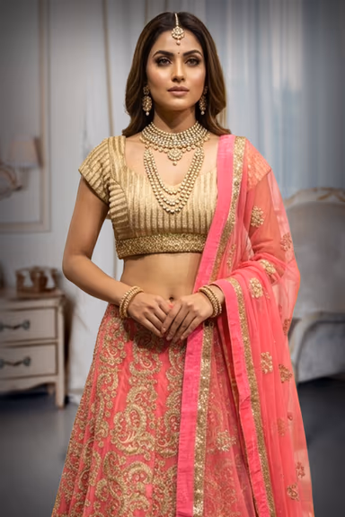 Fuschia Pink Lehenga with Golden Jaquard top and netted Dhupatta — view 1 of 2