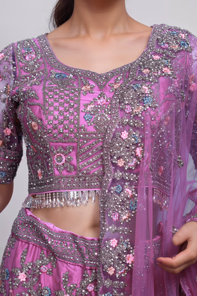 Hot Pink Bridal Lehenga With Detailed Embroidery, Crop Top Along With Same Color Dupatta — view 4 of 4