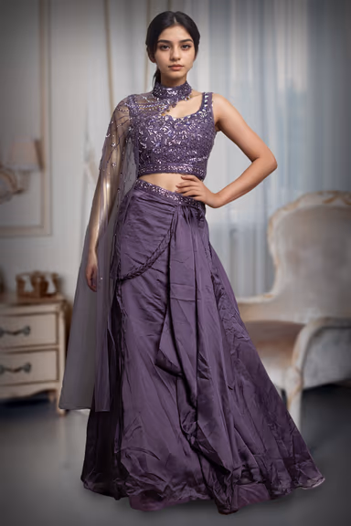 Iris Purple Indowestern Draped Skirt With Crop Top And Single Side Cape — view 2 of 3