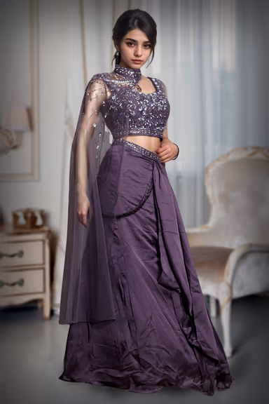 Iris Purple Indowestern Draped Skirt With Crop Top And Single Side Cape — view 3 of 3