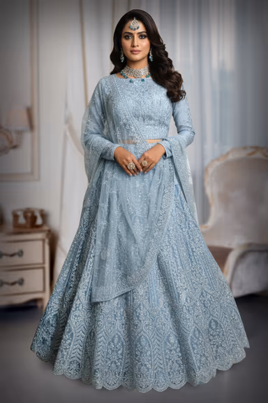 Elegant Grey Lehenga Showcasing Delicate Leafy Embroidery And Silver Work Ideal For Festive Occasions And… — view 2 of 2