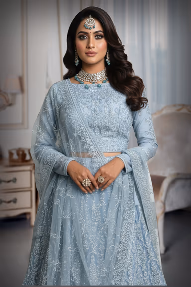 Elegant Grey Lehenga Showcasing Delicate Leafy Embroidery And Silver Work Ideal For Festive Occasions And… — view 1 of 2