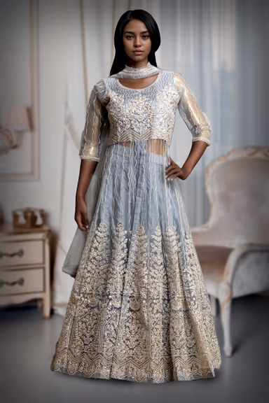 Light Grey Anarkali Lehenga With Exquisite Threadwork details — view 2 of 3
