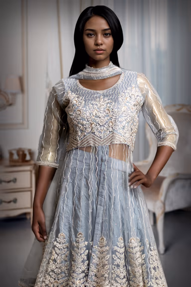 Light Grey Anarkali Lehenga With Exquisite Threadwork details — view 1 of 3