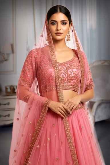 Stunning Light Pink Tulle Lehenga Skirt And Embroidered Blouse With Matching Sheer Dupatta Perfect For… — view 1 of 2