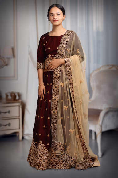 Maroon Pre Wedding Lehenga With Stone Work And Threadwork Details Along With Beige Color Dupatta — view 2 of 4