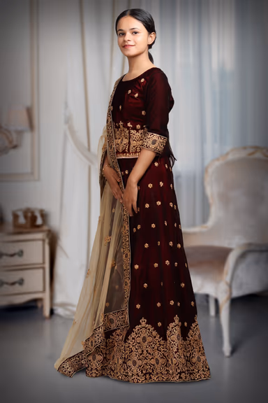 Maroon Pre Wedding Lehenga With Stone Work And Threadwork Details Along With Beige Color Dupatta — view 3 of 4
