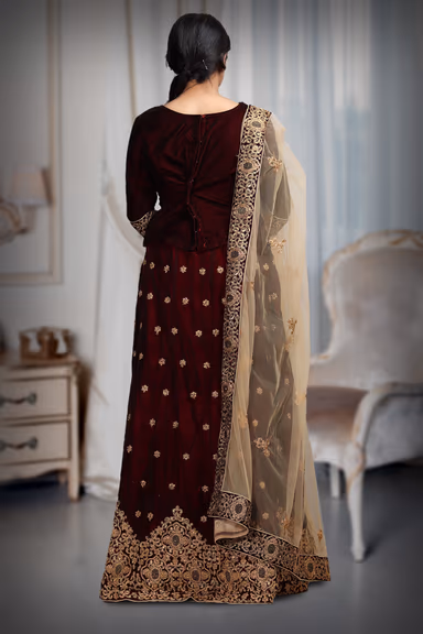 Maroon Pre Wedding Lehenga With Stone Work And Threadwork Details Along With Beige Color Dupatta — view 4 of 4