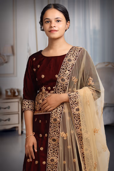 Maroon Pre Wedding Lehenga With Stone Work And Threadwork Details Along With Beige Color Dupatta — view 1 of 4