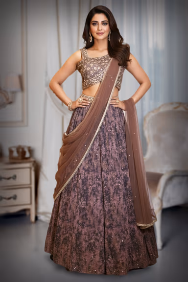 Mauve and Brown Printed Lehenga Choli Set with Sequin Embellishment — view 2 of 3