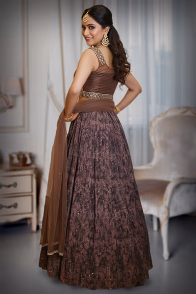 Mauve and Brown Printed Lehenga Choli Set with Sequin Embellishment — view 3 of 3