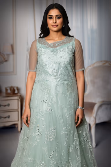 Mint Green Net Gown with Intricate Sequin and Bead Work — view 1 of 3