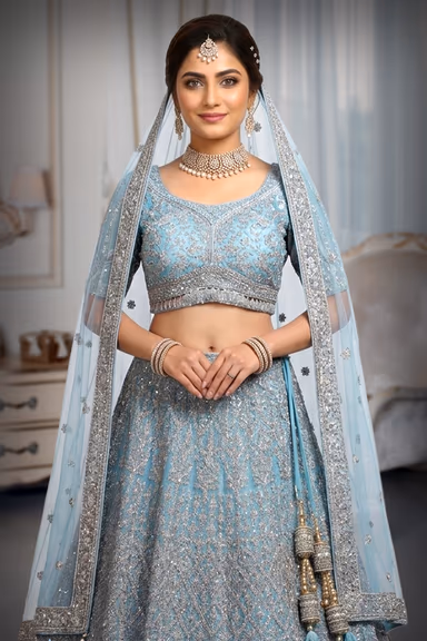 Pastel Blue Net Lehenga With Stone Work Detailing With Crop Top Blouse And Same Color Dupatta — view 1 of 3