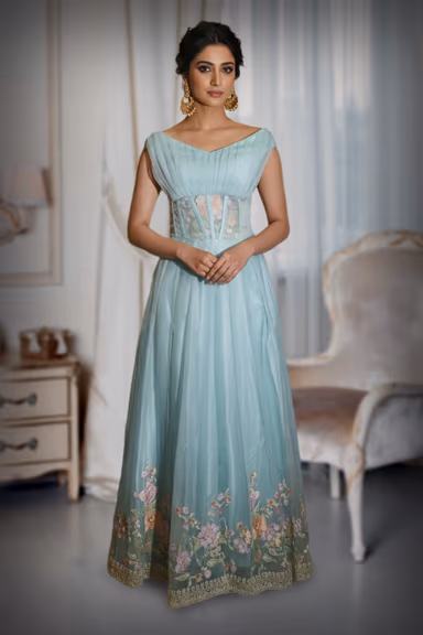 Powder Blue Tulle Gown with Off-Shoulder Neckline and Floral Hem — view 2 of 3
