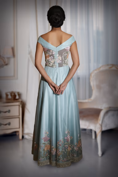 Powder Blue Tulle Gown with Off-Shoulder Neckline and Floral Hem — view 3 of 3