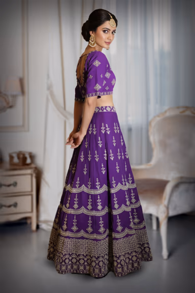 Regal Purple Heavily Embroidered Layered Lehenga with Coordinated Blouse and Dupatta — view 3 of 3