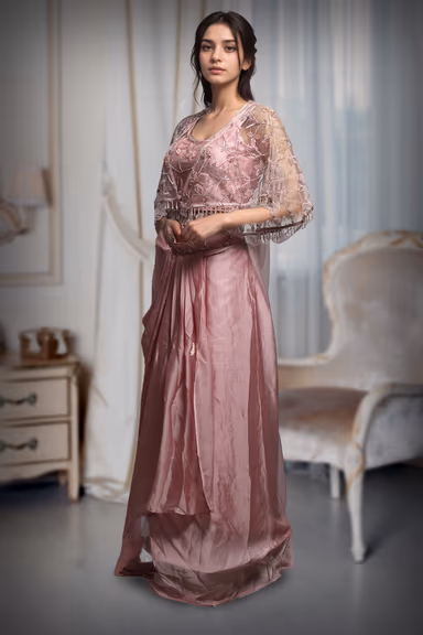 Salmon Pink Draped Indowestern With Stone Work Cape Details — view 3 of 3