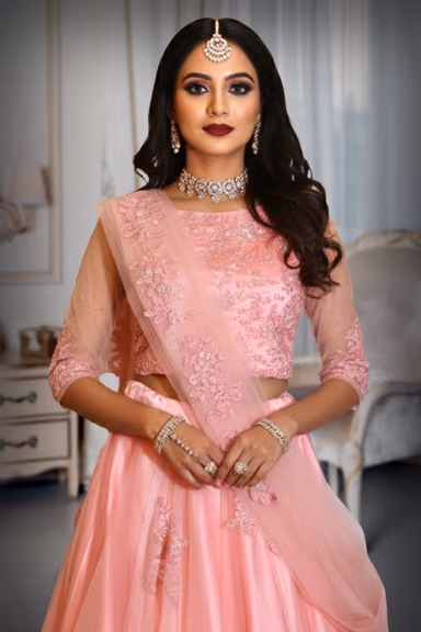Soft Pink Embroidered Crop Top Lehenga Set — view 1 of 3