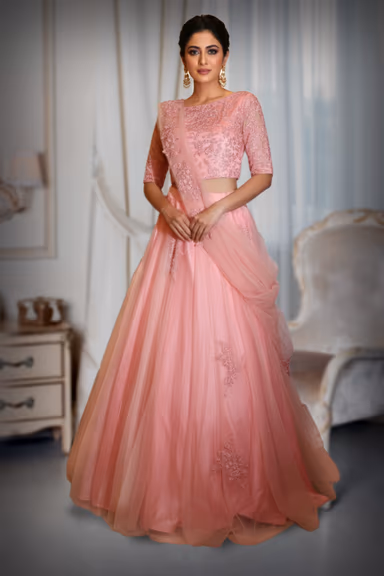 Soft Pink Embroidered Crop Top Lehenga Set — view 2 of 3