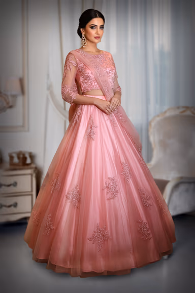 Soft Pink Embroidered Crop Top Lehenga Set — view 3 of 3