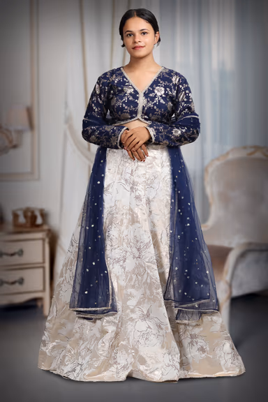 White And Blue Combination Brocade Lehenga With Golden Embellishment Details — view 2 of 4