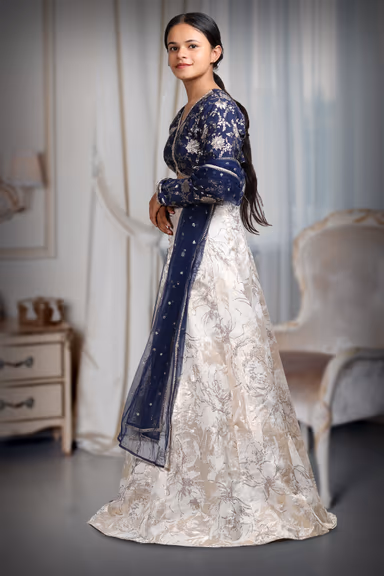 White And Blue Combination Brocade Lehenga With Golden Embellishment Details — view 3 of 4