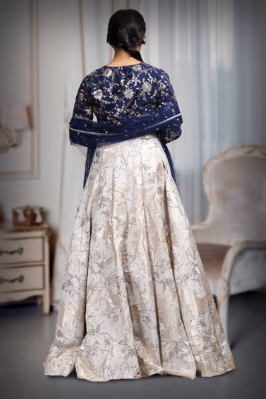 White And Blue Combination Brocade Lehenga With Golden Embellishment Details — view 4 of 4