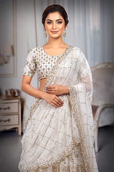 White Heavy Cording Sequence Worked Bridal Lehenga  With Pure Detailed Blouse And Dupatta — view 1 of 3