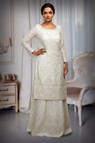 White Embellished Bridal Sharara Set With White Stone Details On Pant And Top — view 2 of 2