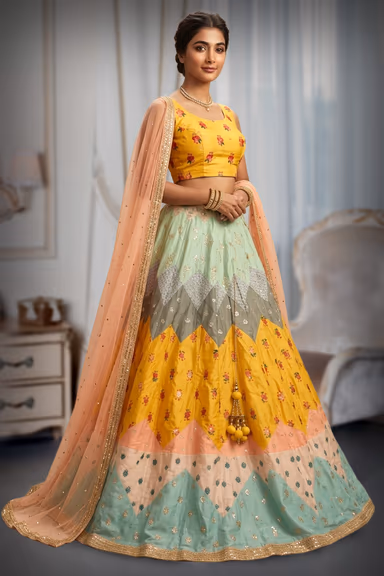 Yellow lehenga with pastel multi color threadwork and peach dupatta set — view 3 of 3