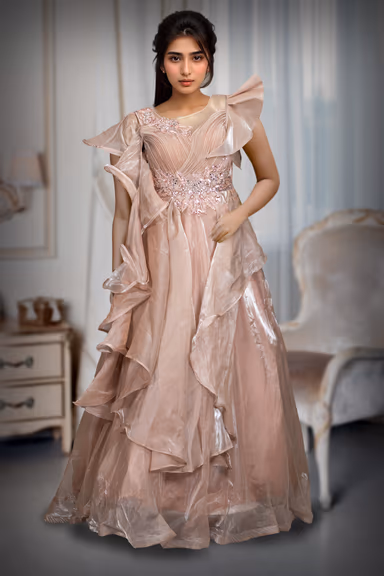 Almond Beige Colour Heavy Work Crushed Drapping  Gown With Heavy Embellishment on left Shoulder And Yoke — view 2 of 4