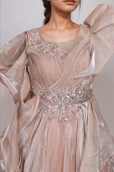 Almond Beige Colour Heavy Work Crushed Drapping  Gown With Heavy Embellishment on left Shoulder And Yoke — view 4 of 4