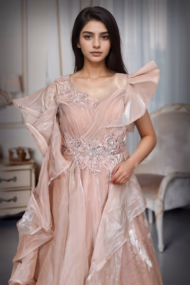 Almond Beige Colour Heavy Work Crushed Drapping  Gown With Heavy Embellishment on left Shoulder And Yoke — view 1 of 4
