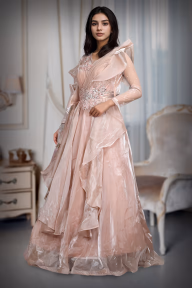 Almond Beige Colour Heavy Work Crushed Drapping  Gown With Heavy Embellishment on left Shoulder And Yoke — view 3 of 4