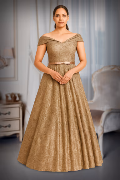 Antique Golden Gown , Self emellished , Off Shoulder Dress — view 2 of 2