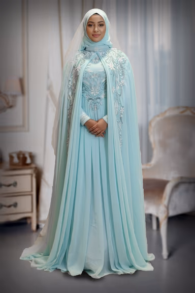 Aqua Georgette Gown with Cape and Embellished Shoulders. — view 2 of 2