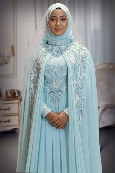 Aqua Georgette Gown with Cape and Embellished Shoulders. — view 1 of 2