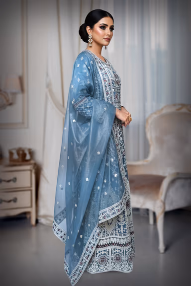 Arctic blue with white embriodered gown — view 3 of 4