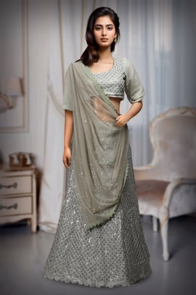 Avocado Green Faux Georgette Sequince Worked Lehenga With Same Colour Blouse And Dupatta — view 2 of 2